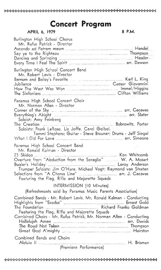 Concert in Burlington, Vermont - April 6, 1979 - Concert Program